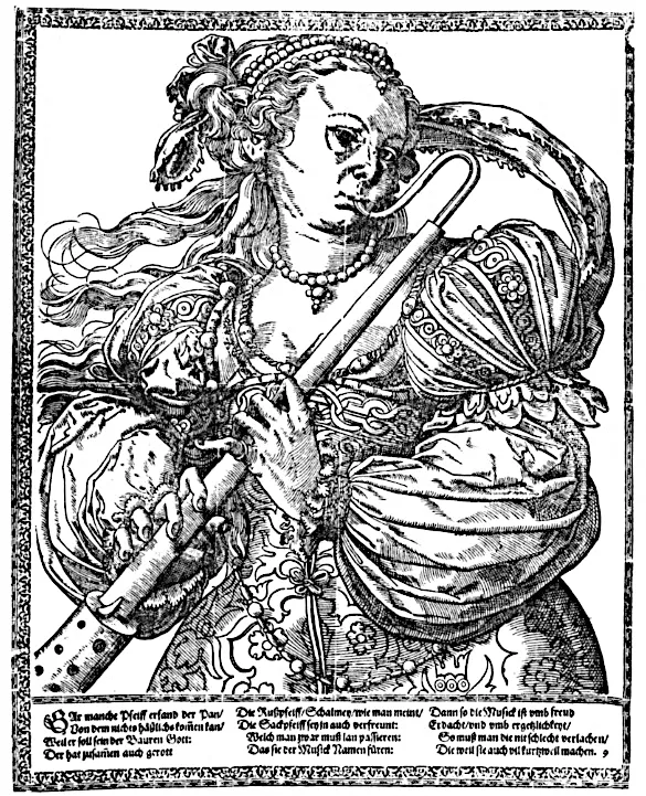 A bass shawm in a 16th-century engraving by Tobias Stimmer